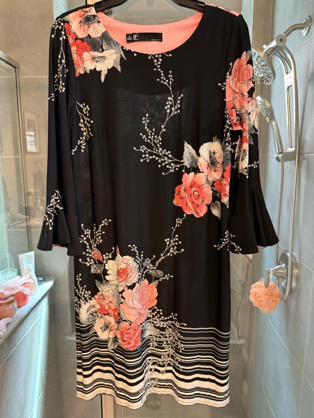 Leslie Fay Black Dress with Coral and White Floral Print